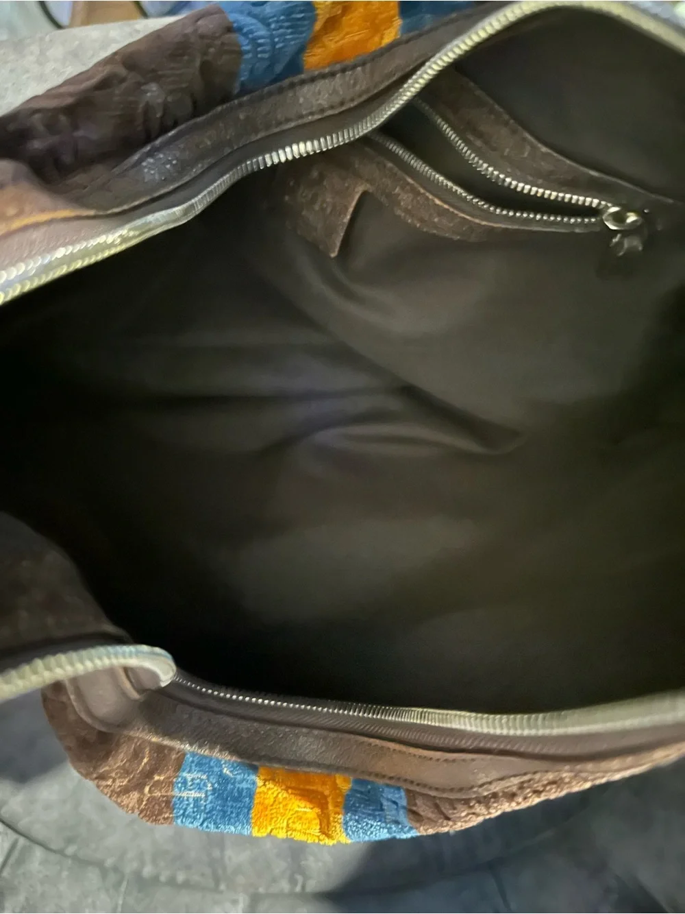 Gucci Brown Velvet Hobo with Blue and Gold Center Stripes